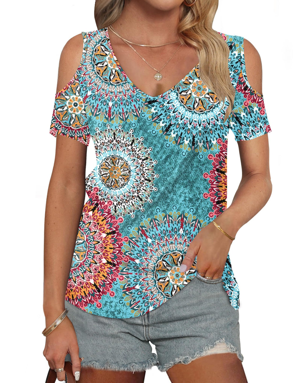 AUSELILY Womens Summer Tops Casual Ladies V Neck T Shirts Short Sleeve Cold Shoulder Loose Fit Blouse 2024 New Clothing Print Green L